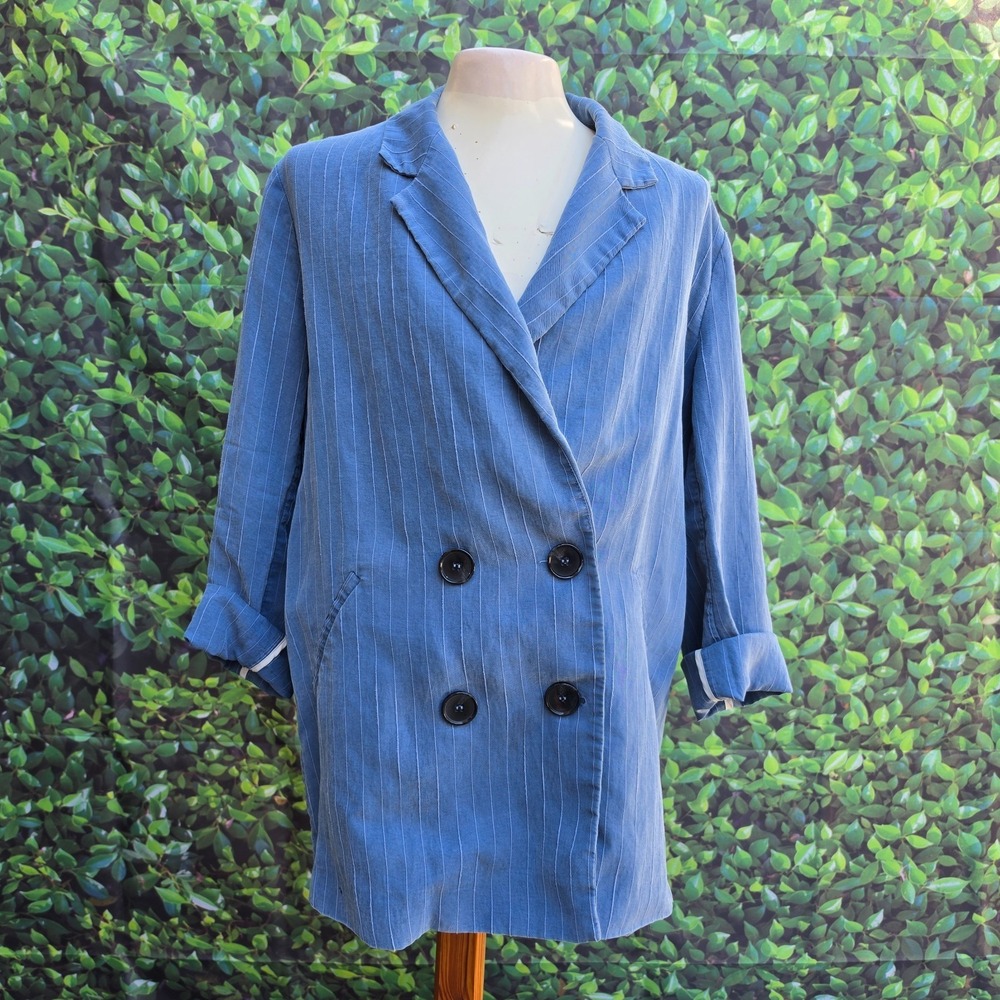 Zara Oversized Blue Pinstripe Blazer Double Breasted Career Jacket M